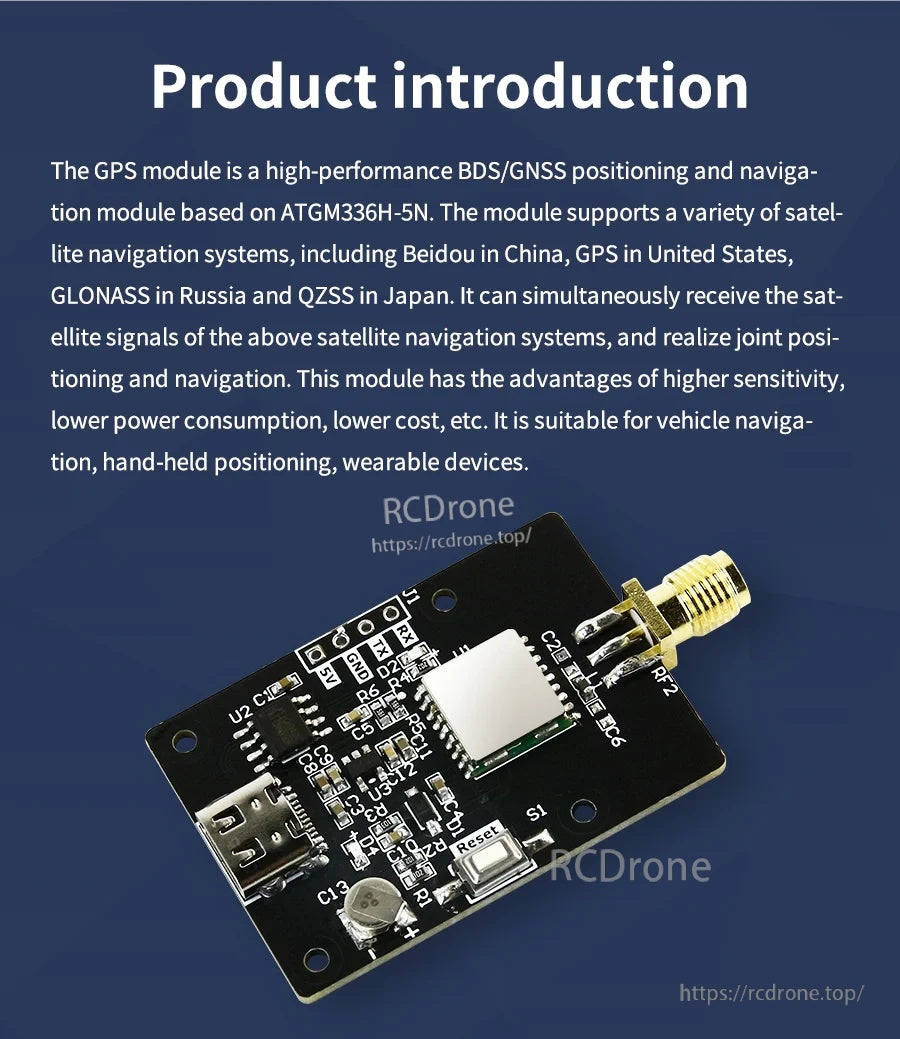 Close-up of ATGM336H-5N GNSS receiver board with USB port and SMA antenna connector