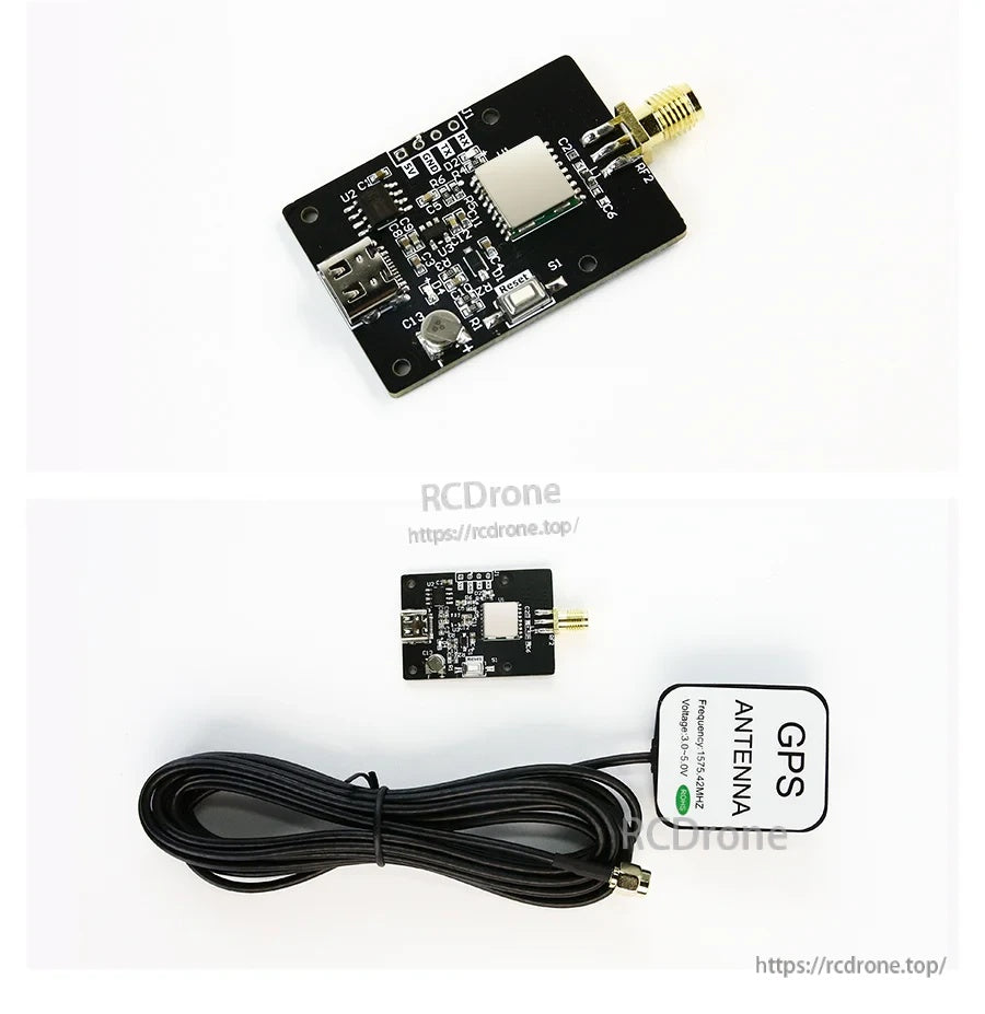 Yahboom ATGM336H-5N GPS module board with RF connector, plus GPS antenna and connecting cable