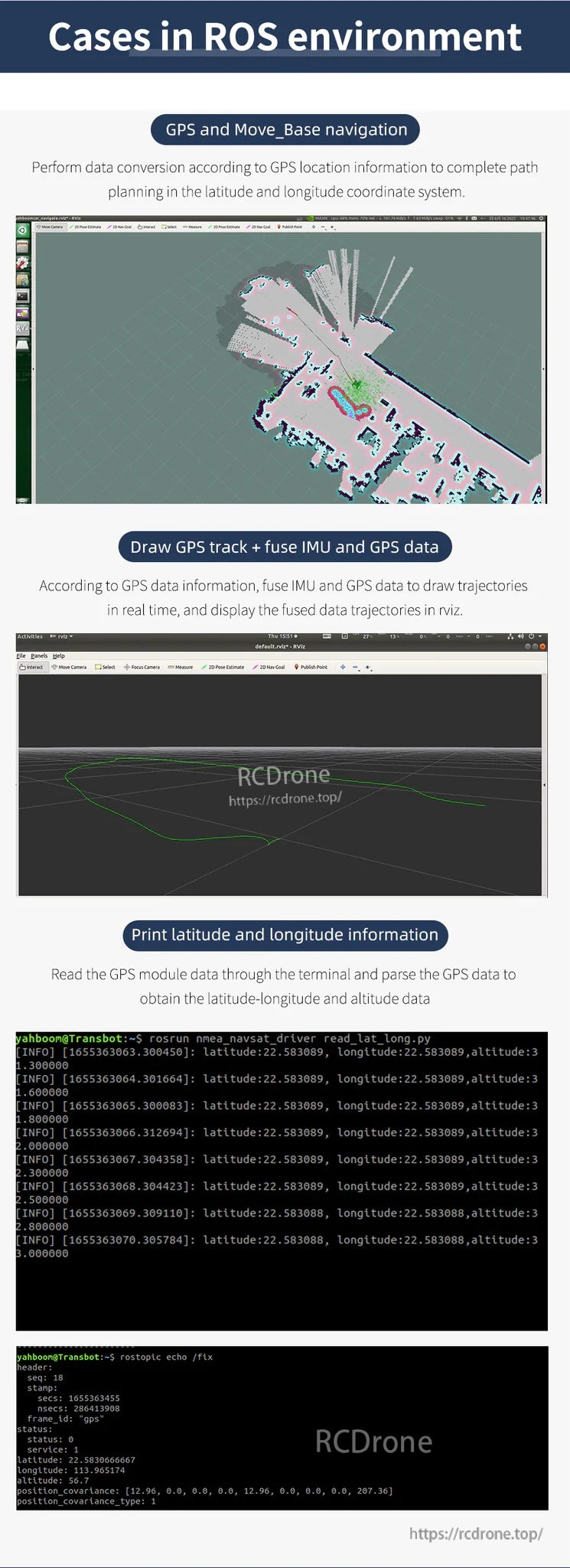 ROS environment examples with map navigation, GPS track plotting, and latitude/longitude terminal output