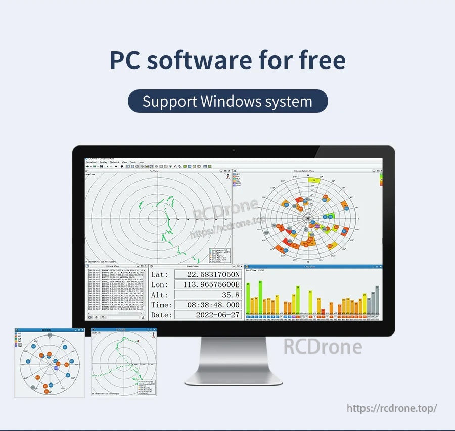 Windows PC GNSS software interface displaying skyplot, map track, satellite bars, and coordinate readouts