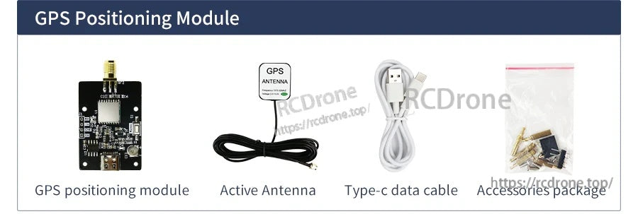 Yahboom ATGM336H-5N GPS positioning module kit with active antenna, Type-C cable, and accessory screws