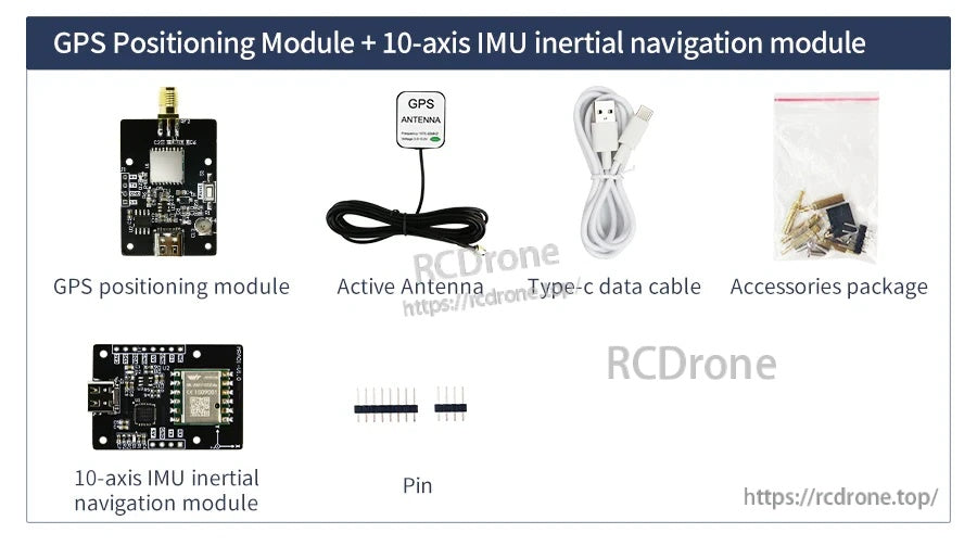 Yahboom ATGM336H-5N GPS positioning module kit with active antenna, 10-axis IMU board, USB-C cable, and pins