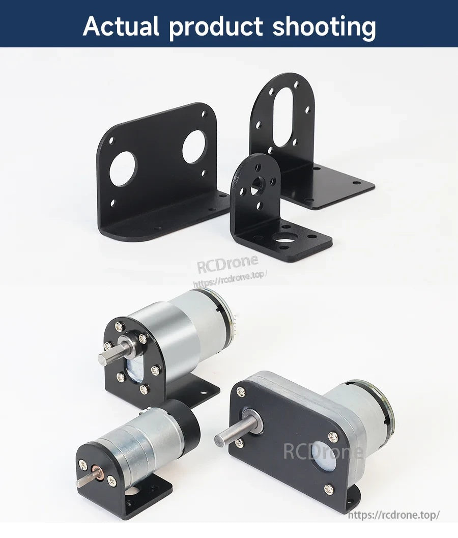 Actual product photos: three bracket types and installed encoder geared motors for robot car chassis builds