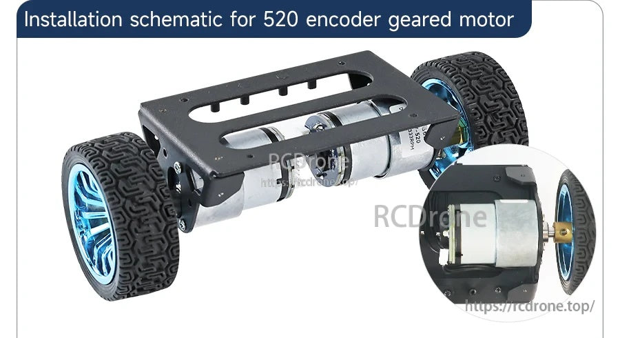 520 encoder motor installation schematic on two-wheel robot chassis with close-up of side mounting