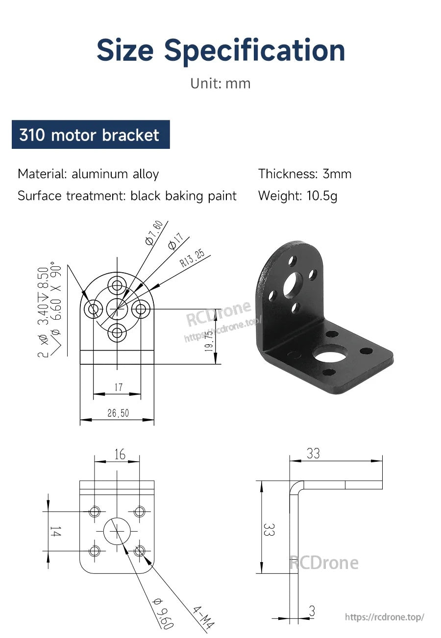 310 motor bracket size specification drawing in mm with thickness, weight, and hole layout