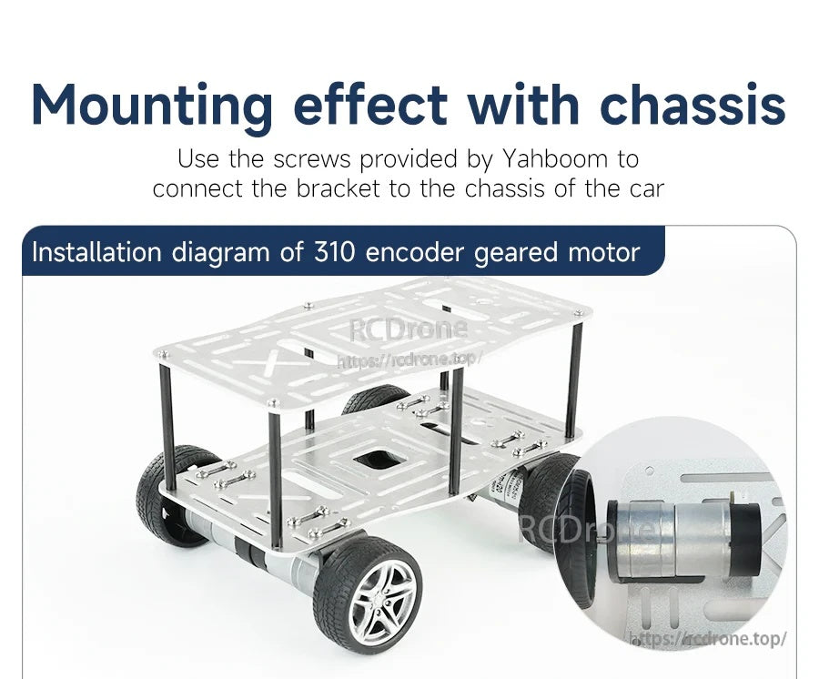 Robot car chassis mounting example for 310 encoder motor bracket using included screws