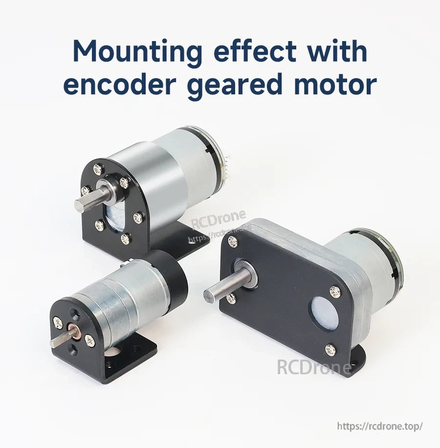 Encoder geared motors mounted on matching brackets, illustrating fit and orientation of each bracket style
