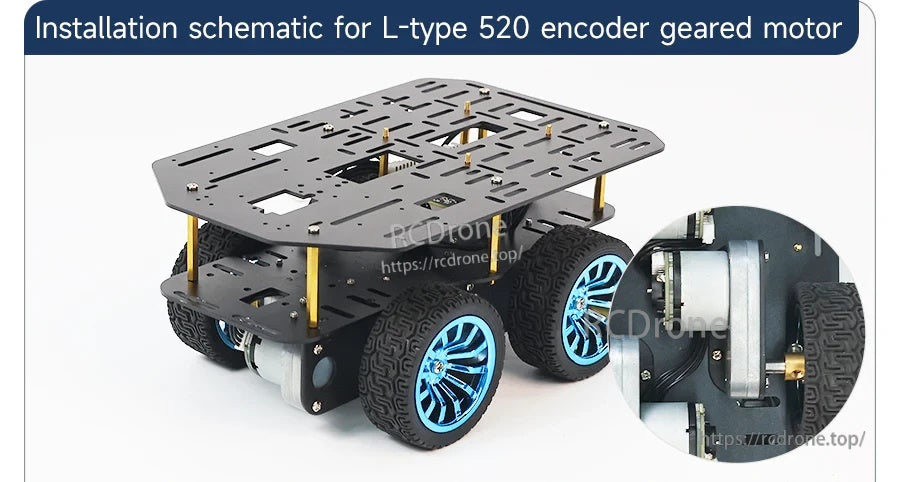 L-type 520 encoder motor installation schematic on four-wheel chassis with close-up of bracket position