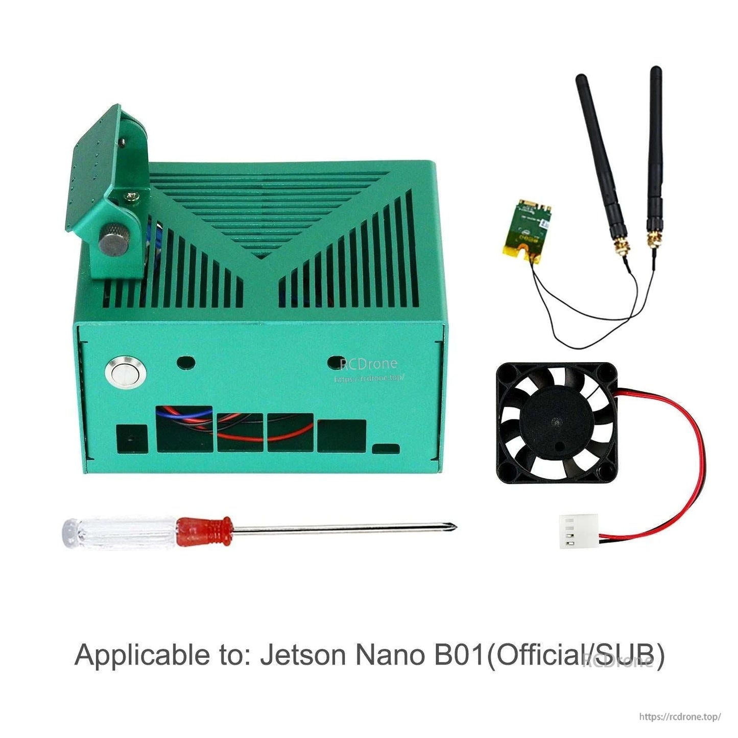Package contents: green case, dual antennas, small cooling fan, Wi‑Fi module, and screwdriver (Jetson Nano B01)