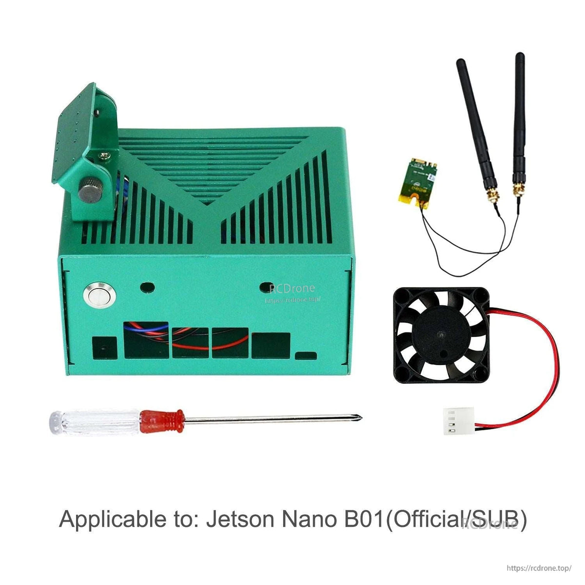 Package contents: green case, dual antennas, small cooling fan, Wi‑Fi module, and screwdriver (Jetson Nano B01)