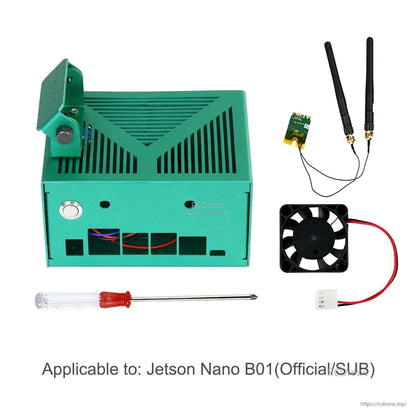 Package contents: green case, dual antennas, small cooling fan, Wi‑Fi module, and screwdriver (Jetson Nano B01)