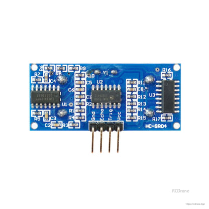 Rear PCB view of HC-SR04 ultrasonic module showing components, traces, and 4-pin TTL header