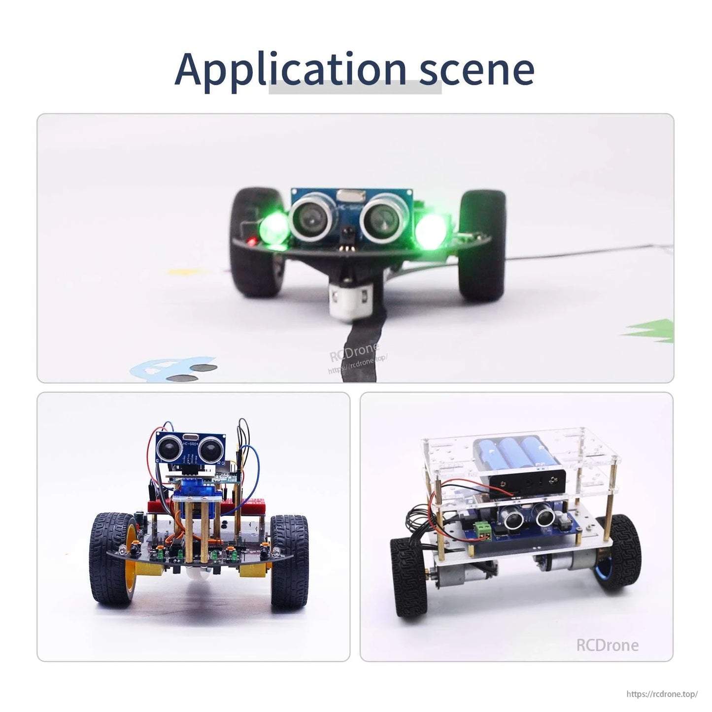 Ultrasonic sensor module installed on small robot car chassis, application scene examples front and angled views