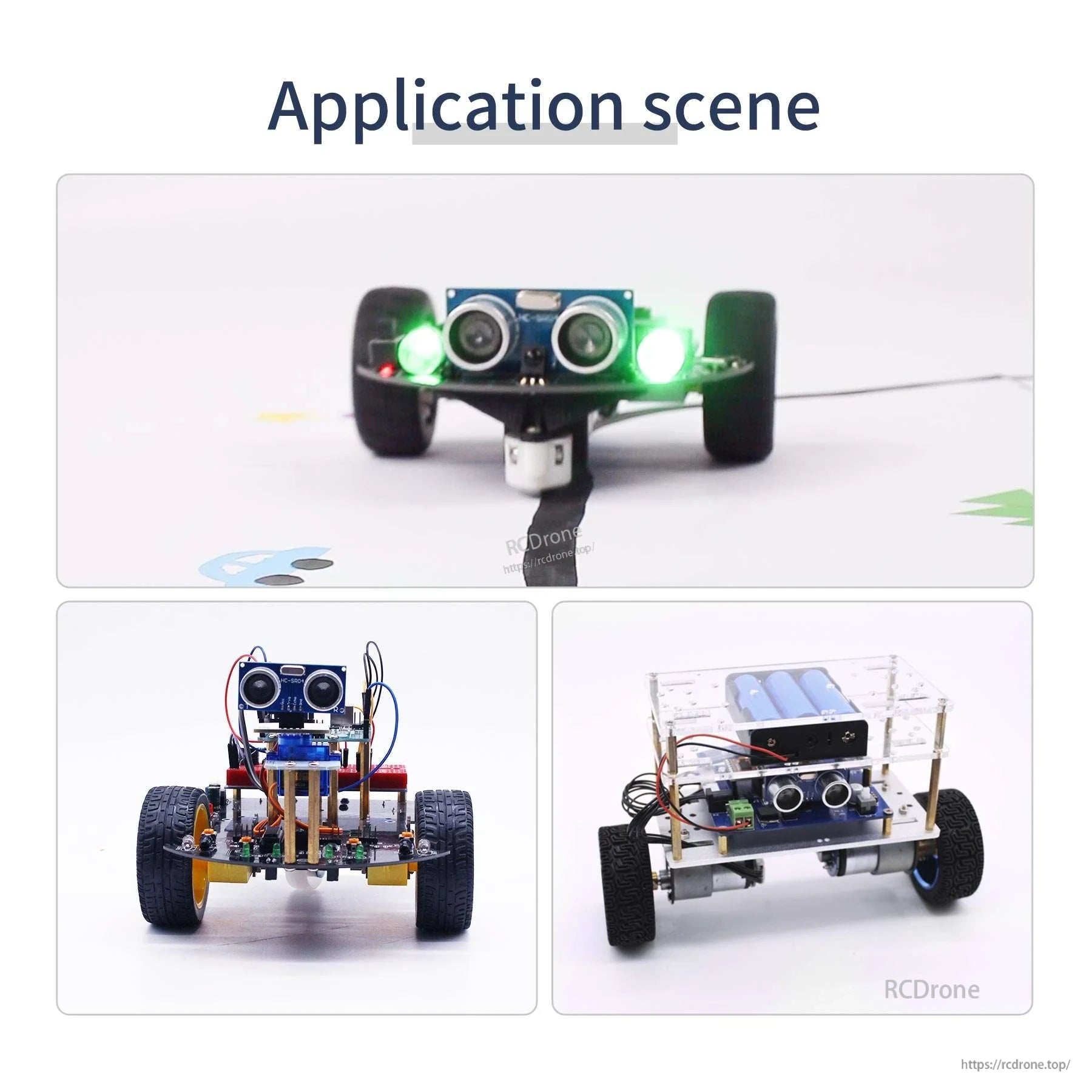 Ultrasonic sensor module installed on small robot car chassis, application scene examples front and angled views