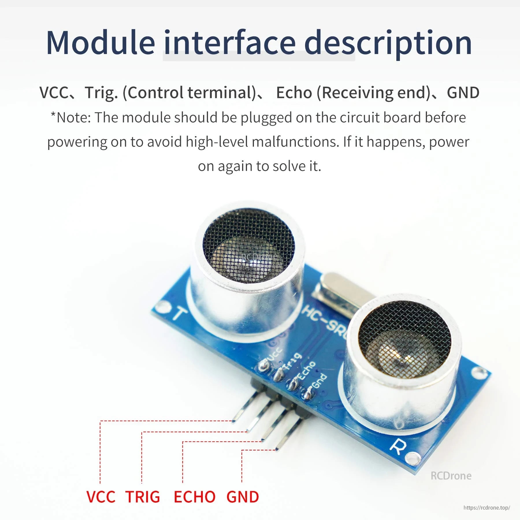 HC-SR04 ultrasonic sensor pinout diagram showing VCC, TRIG, ECHO and GND on 4-pin header