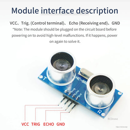 HC-SR04 ultrasonic sensor pinout diagram showing VCC, TRIG, ECHO and GND on 4-pin header