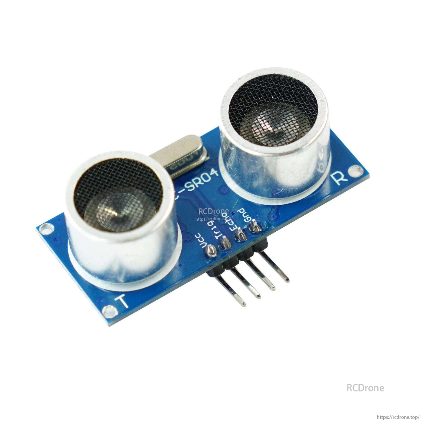 Angled front view of ultrasonic distance sensor module with dual transducers and 4-pin XH2.54 header