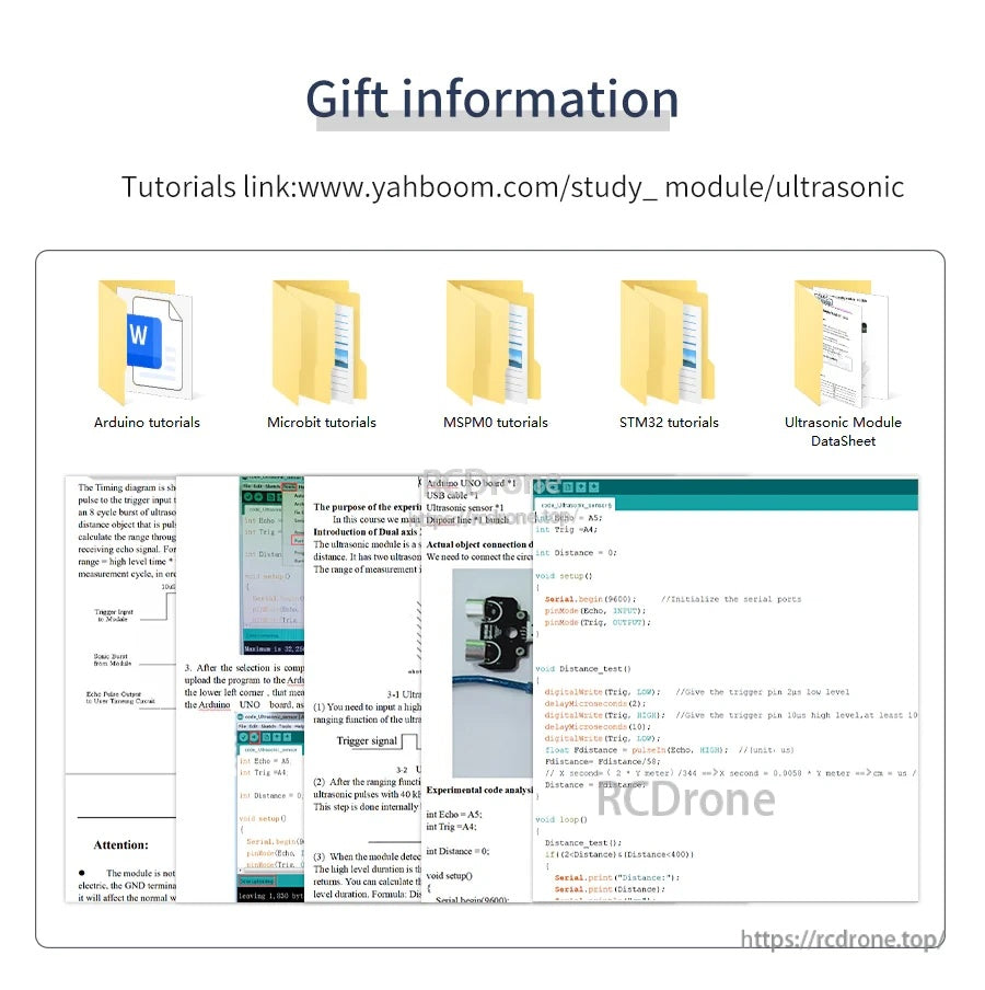 Tutorial and datasheet download icons for ultrasonic module, including Arduino and STM32 guides