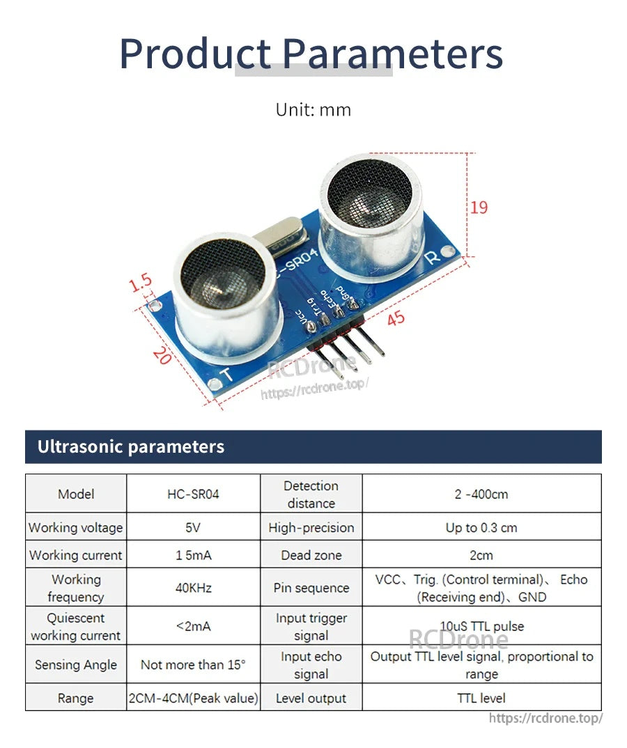 HC-SR04 product parameters with dimensions and key specs including 2–400 cm range and 5V power