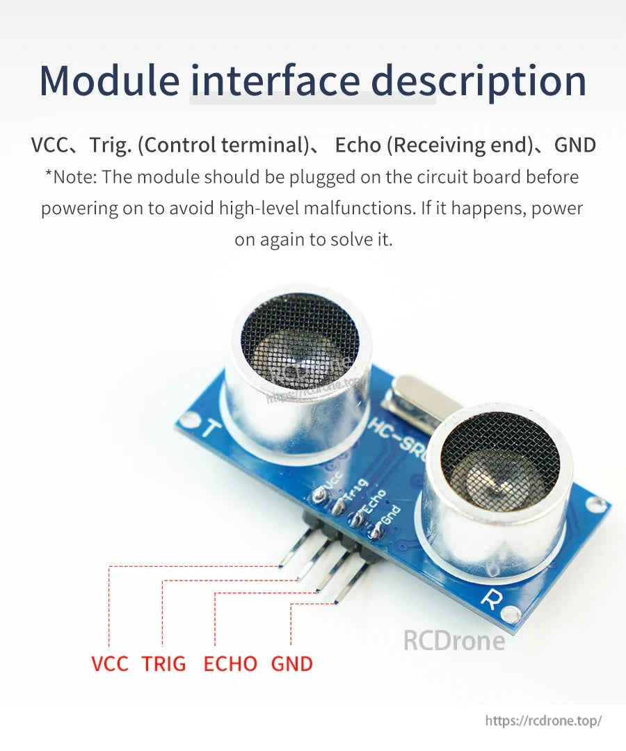 HC-SR04 pinout labeled VCC, TRIG, ECHO, GND for TTL trigger/echo distance sensing connections