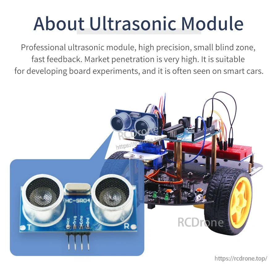 HC-SR04 ultrasonic module installed on a smart car chassis for obstacle distance measurement
