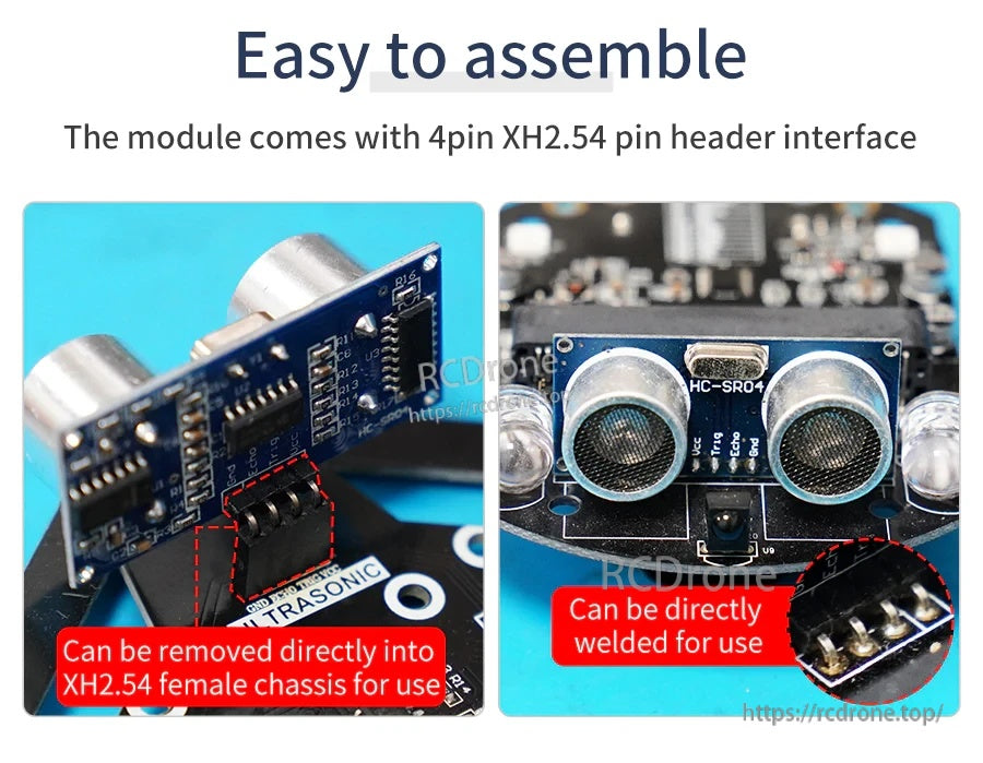 Close-up of HC-SR04 board showing 4-pin XH2.54 header for plug-in mounting or direct soldering