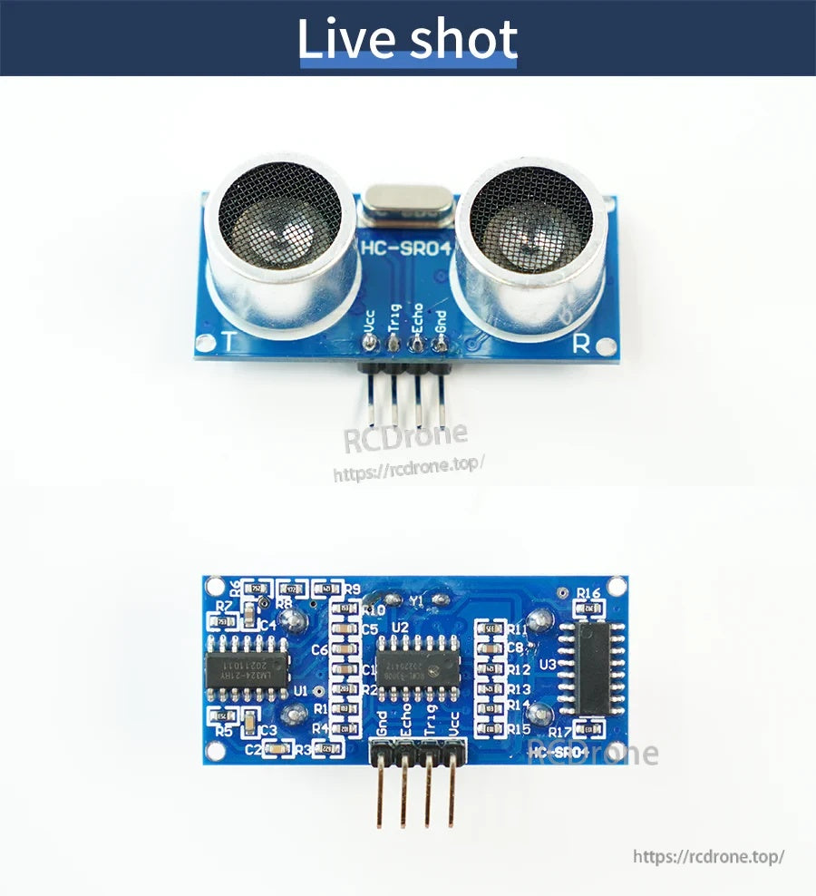 Front and back live views of HC-SR04 ultrasonic sensor board, including components and 4-pin header