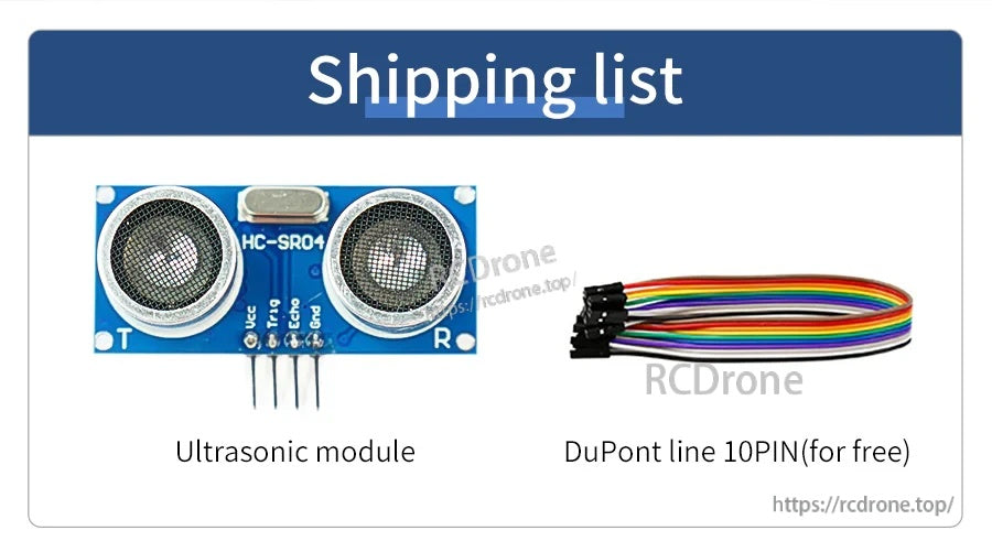 Package contents: HC-SR04 ultrasonic module plus free 10-pin DuPont jumper wire bundle