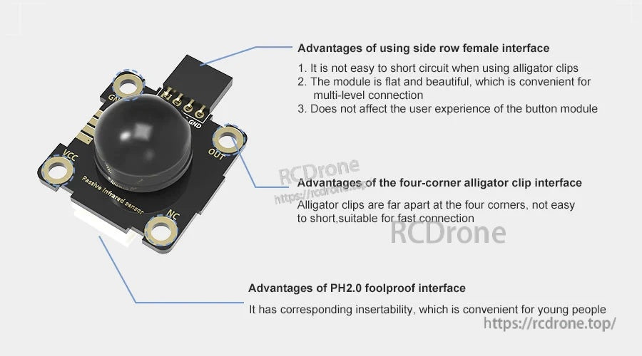 PIR sensor module highlighting side-row header, four-corner alligator pads, and PH2.0 foolproof connector