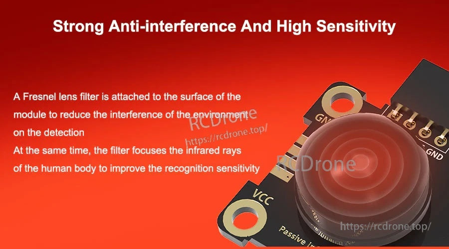 Close-up of PIR Fresnel lens on sensor module emphasizing anti-interference and high sensitivity design