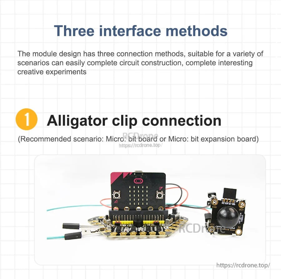 Alligator clip wiring example of the PIR sensor connected to a Micro:bit and expansion board