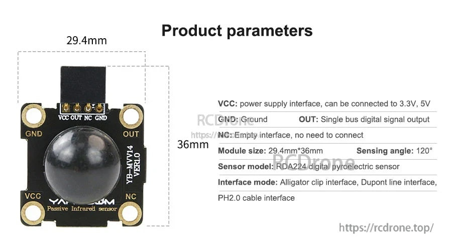 Product parameters graphic listing board size 29.4 x 36 mm, 120° sensing angle, and interface types