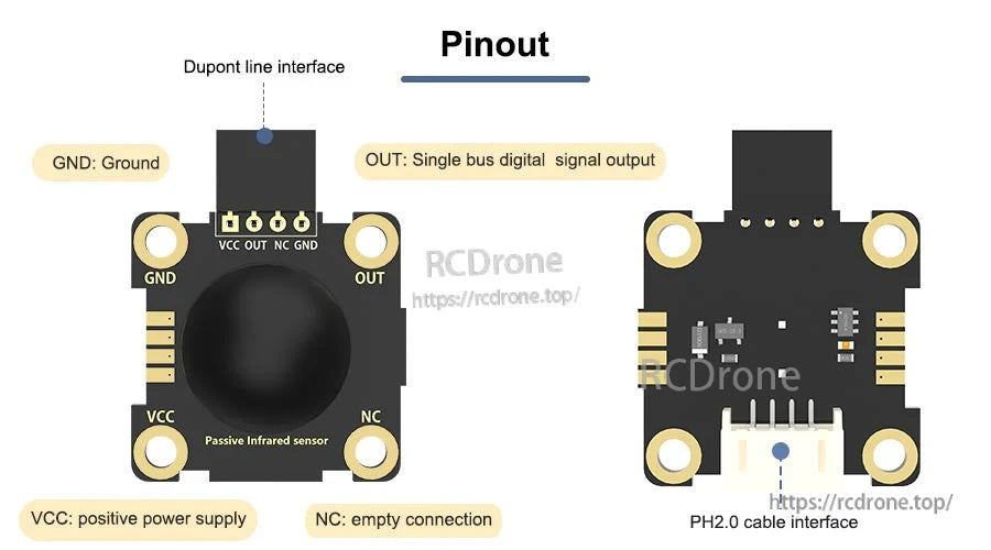 Pinout graphic for PIR module showing VCC, OUT digital signal, NC, GND plus PH2.0 and DuPont interfaces
