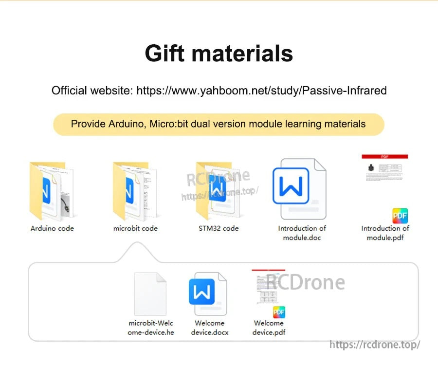 Learning materials screenshot with links to official tutorial plus Arduino, Micro:bit, and STM32 example files