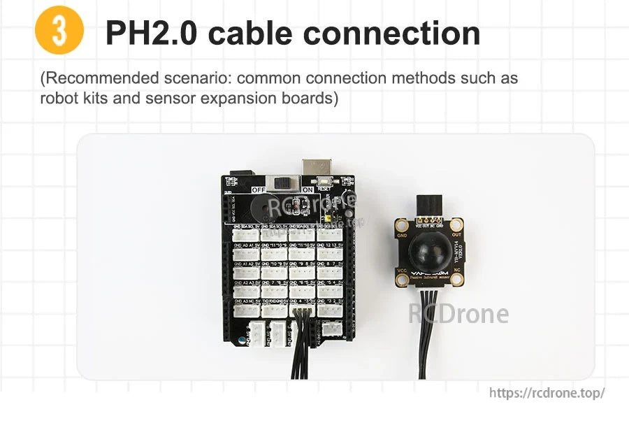 PH2.0 cable wiring example of the PIR sensor connected to a sensor expansion board