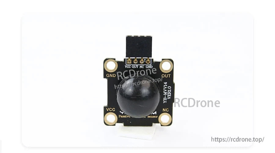 Front view of PIR sensor board with labeled pins VCC, OUT, NC, GND and four mounting holes