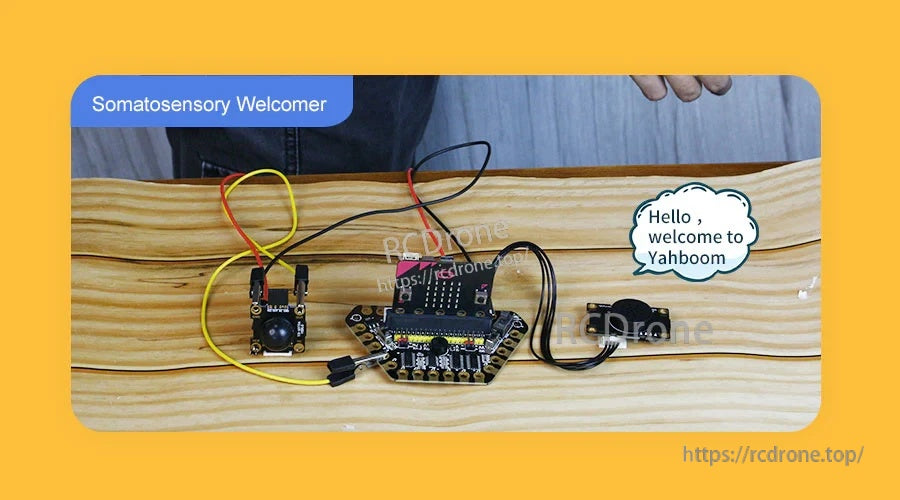 Somatosensory welcome device demo with PIR sensor module connected to a Micro:bit-style board