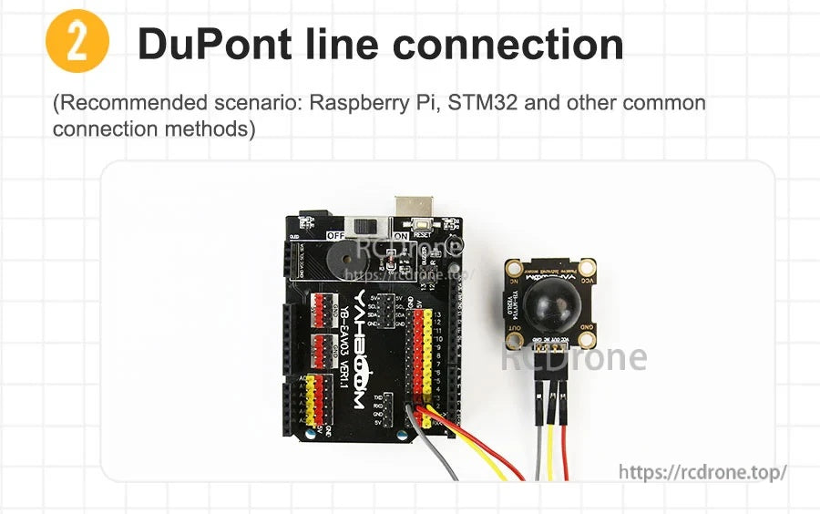 DuPont jumper wiring example of the PIR sensor module connected to a controller/expansion board