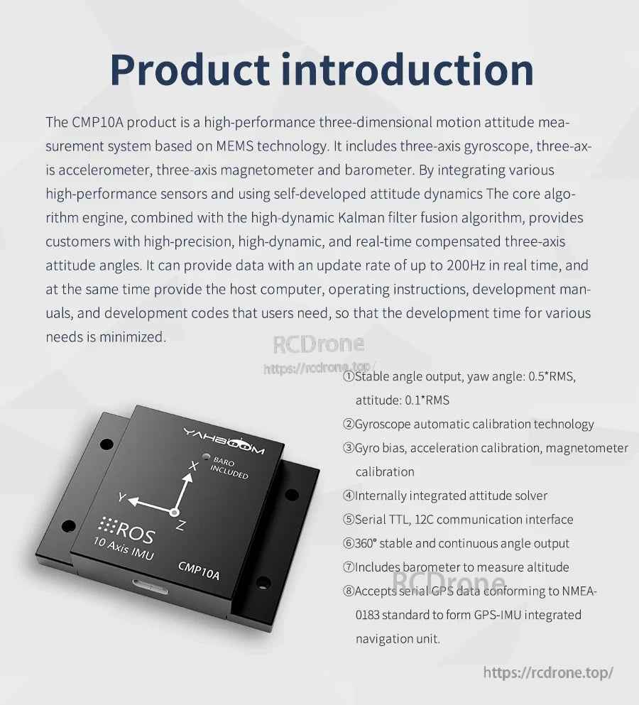 CMP10A product introduction page describing 200 Hz update rate, stable yaw, and calibration features