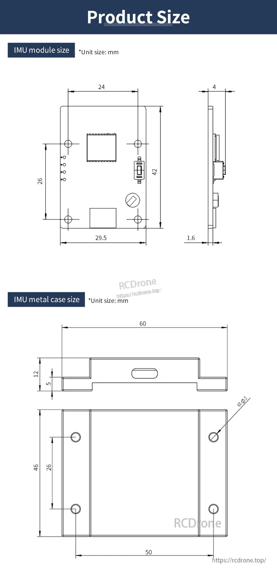 Dimension diagram for Yahboom CMP10A IMU sensor module (29.5 mm square) and matching metal case (60 × 50 mm).