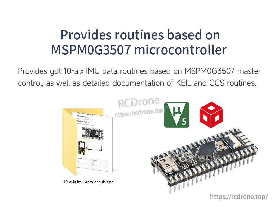 MSPM0G3507 routine support graphic with MCU board and icons for KEIL and CCS development tools