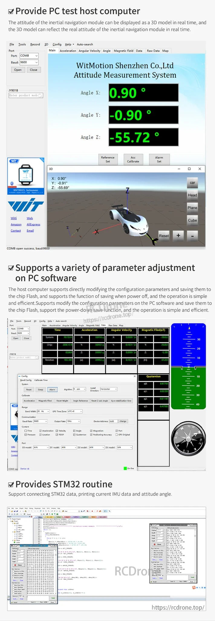 PC test software interface for Yahboom CMP10A 10-axis IMU, showing attitude angles readout and parameter settings screens