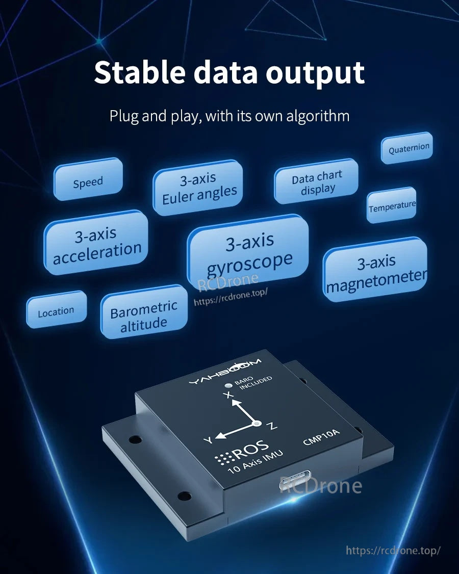 Yahboom CMP10A 10-axis IMU sensor stable data output graphic listing Euler angles, quaternion, accel, gyro, magnetometer