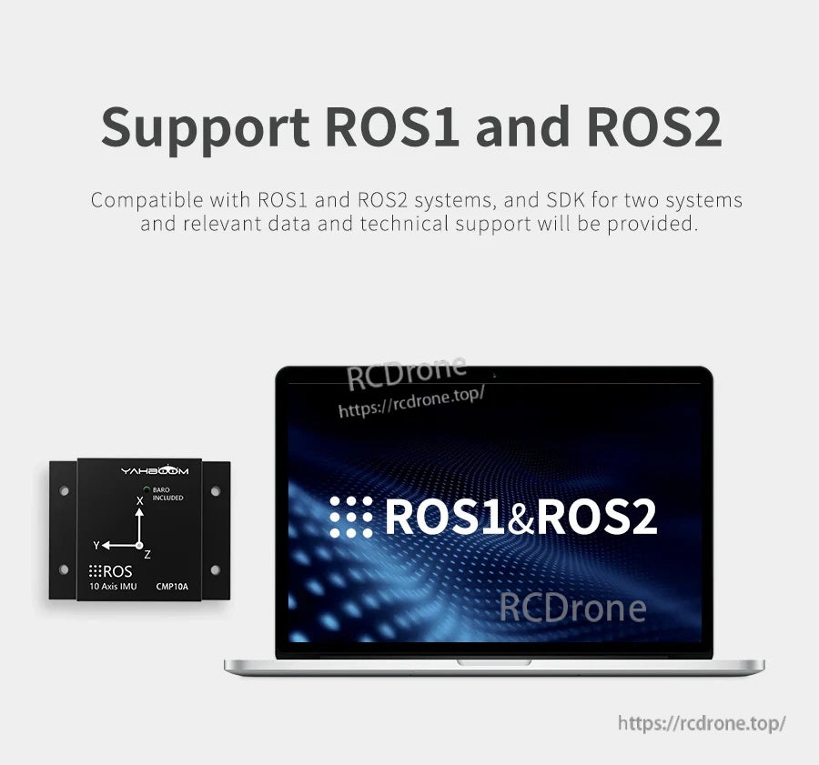 Support ROS1 and ROS2 graphic with CMP10A IMU next to a laptop displaying ROS1&ROS2