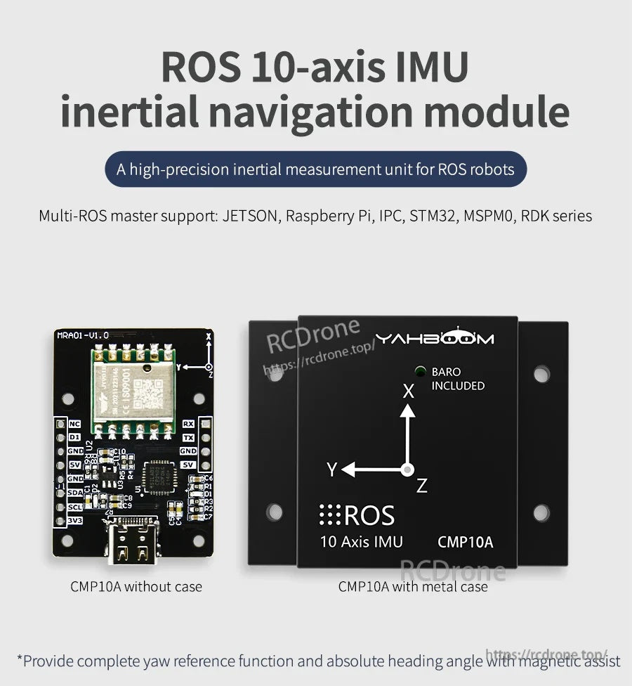 Yahboom CMP10A ROS 10-axis IMU module shown with and without metal protective case