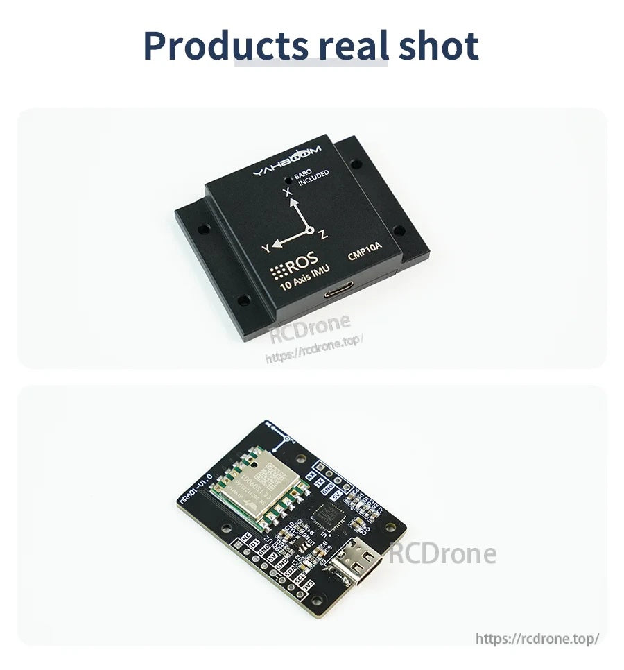 Yahboom CMP10A 10-axis IMU sensor module with ROS-labeled enclosure and micro USB interface board