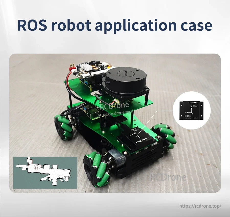ROS mobile robot application case with green chassis, four wheel modules, and a lidar sensor mounted on top