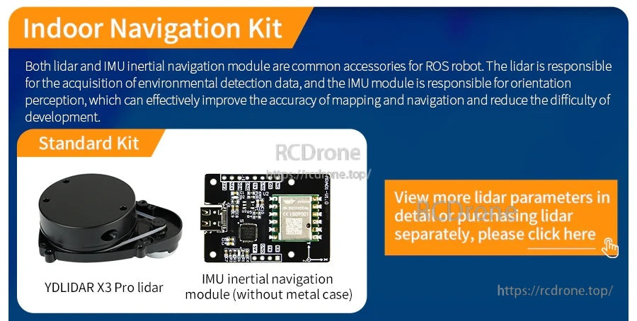 Indoor navigation kit banner with YDLIDAR X3 Pro lidar and IMU inertial navigation module options