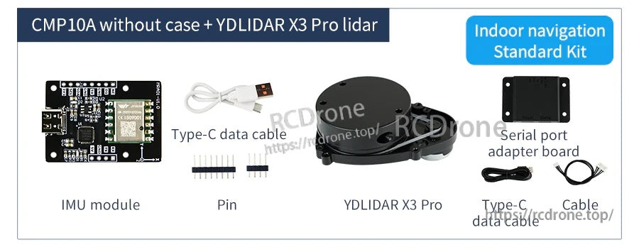 Yahboom CMP10A IMU module kit with YDLIDAR X3 Pro lidar, serial adapter board, pins, and Type‑C cable