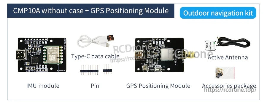 Yahboom CMP10A IMU module with GPS positioning board, Type‑C data cable, pins, active antenna, and accessories